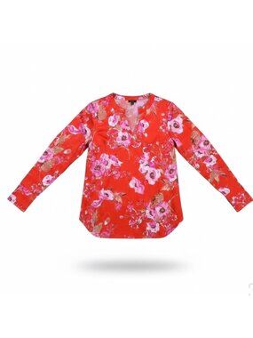 Talbots Women’s Red Floral Polyester Blend Long Sleeve V-Neck Blouse Sz M